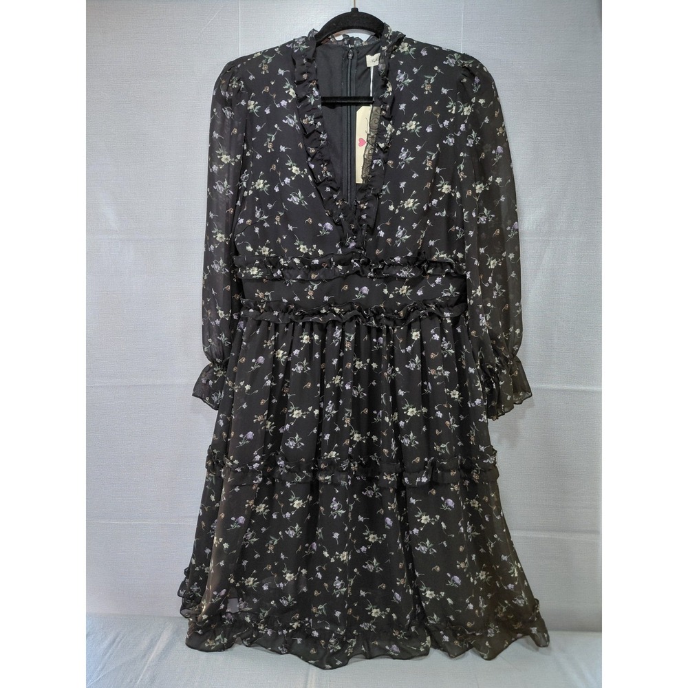 Southern Fried Chicks Ditzy Floral Midi Dress LG Long Sleeve‎ Ruffle Black